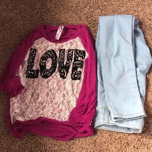 Long sleeve shirt and a pair of jeans